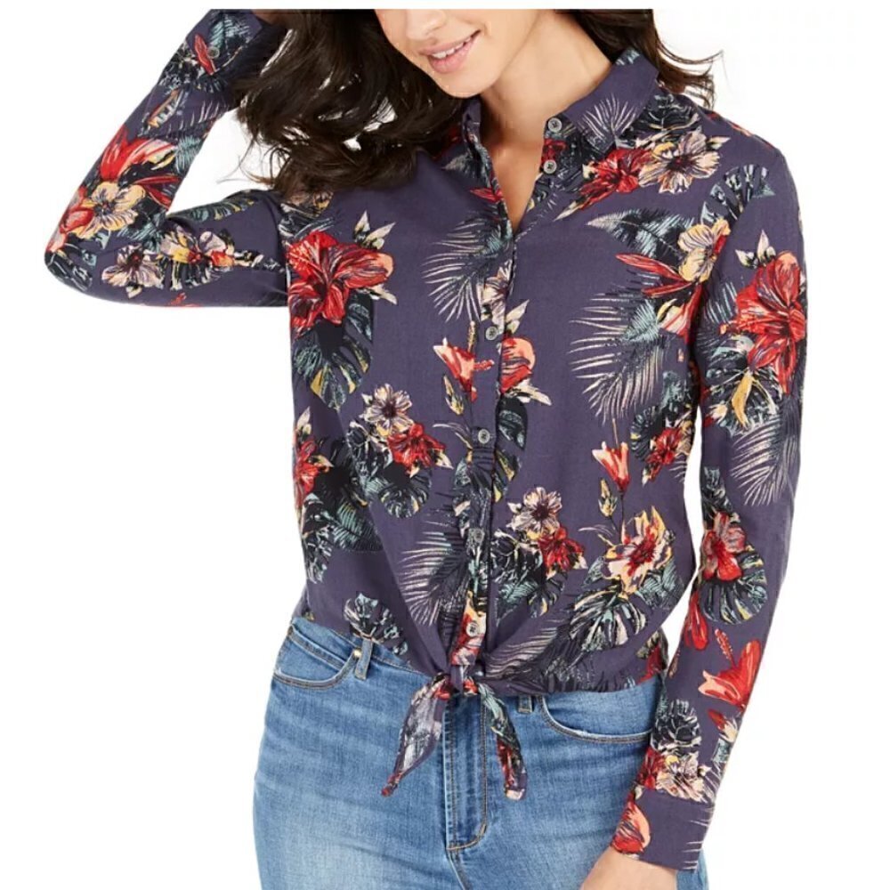 Roxy Floral Tie Front Button Down Blouse XS